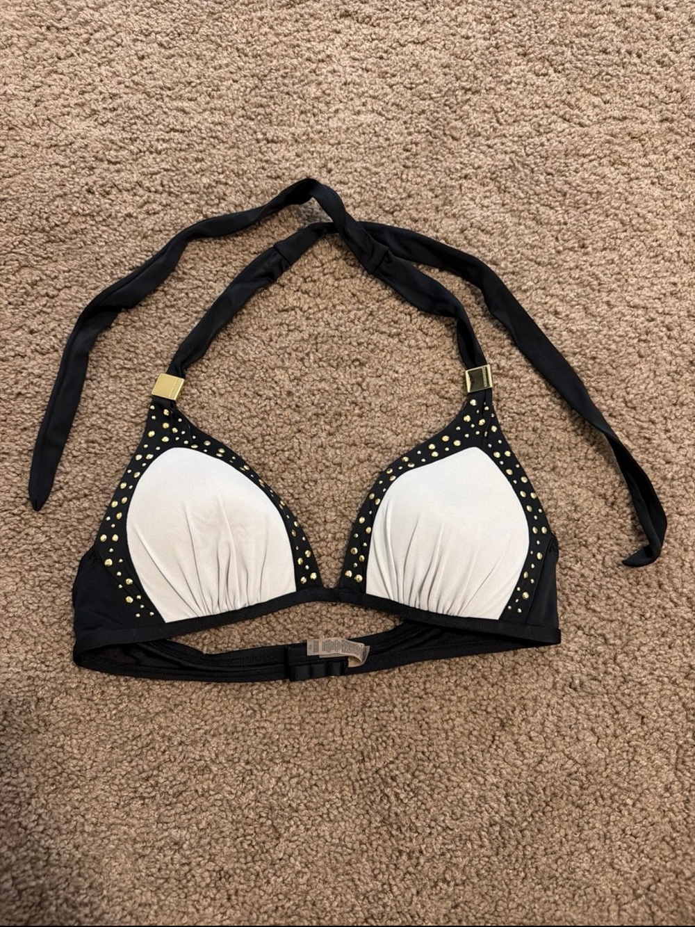 Victoria’s Secret Swimwear Black, White, & Gold Stud Bikini Top